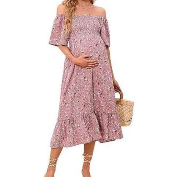 Boho Off Shoulder Midi Maternity Dress Pink Medium NWT - Picture 1 of 3